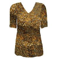 Overstock Tops - Georgette Mini Pleats Half Sleeve V-Neck - Leopard Print