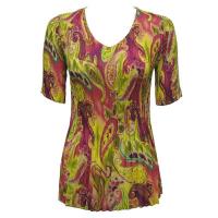 Overstock Tops - Georgette Mini Pleats Half Sleeve V-Neck - Pink-Lime Paisley