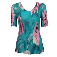 Overstock Tops - Georgette Mini Pleats Half Sleeve V-Neck - Poppies Aqua