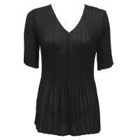 Overstock Tops - Georgette Mini Pleats Half Sleeve V-Neck - Solid Black