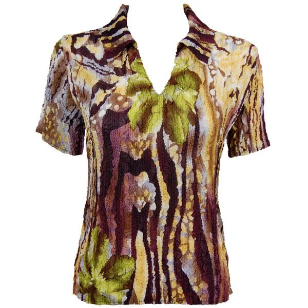 Wholesale Bargain Basement Tops Sale Magic Crush Georgette Short Sleeve with Collar - Abstract Floral Eggplant-Gold - One Size Fits Most
