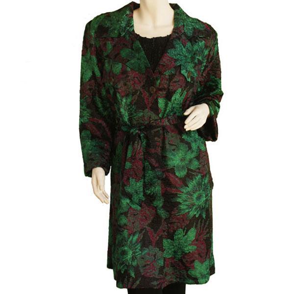 Wholesale 1362 - Satin Crushed Trench Coat w/ Belt Floral - Black-Rust-Green -  S