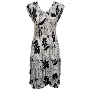 1317 - Satin Mini Pleats Cap Sleeve Dresses Floral - Black on White - One Size Fits Most