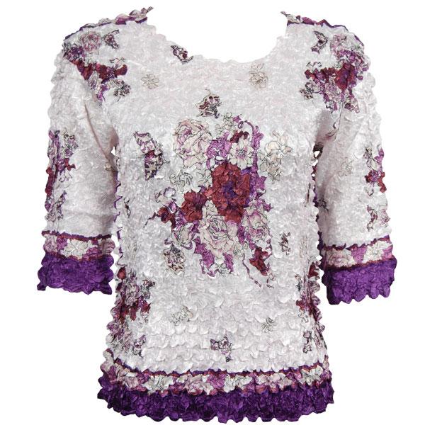 Wholesale 1382 - Satin Petal Shirts - Three Quarter Sleeve White-Purple Bouquet - One Size Fits Most