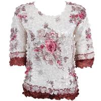 Satin Origami Petal Shirts - Three Quarter Sleeve - Ivory-Maroon Floral