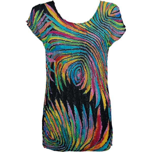 Wholesale 1398 - Magic Crush Georgette - Cap Sleeve Tunics* Rainbow Swirl on Black - One Size  Fits (S-M)