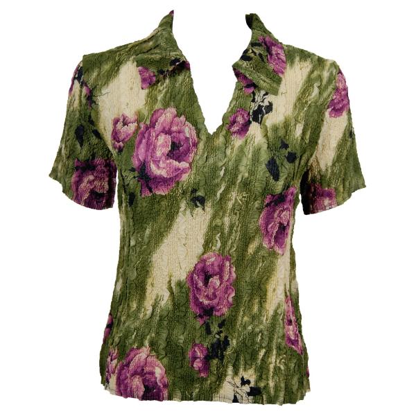 Wholesale 1404 - Magic Crush Georgette Short Sleeve Collared Roses Olive-Purple - One Size Fits Most