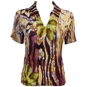 Wholesale 1404 - Magic Crush Georgette Short Sleeve Collared Abstract Floral - Eggplant-Gold - One Size Fits Most