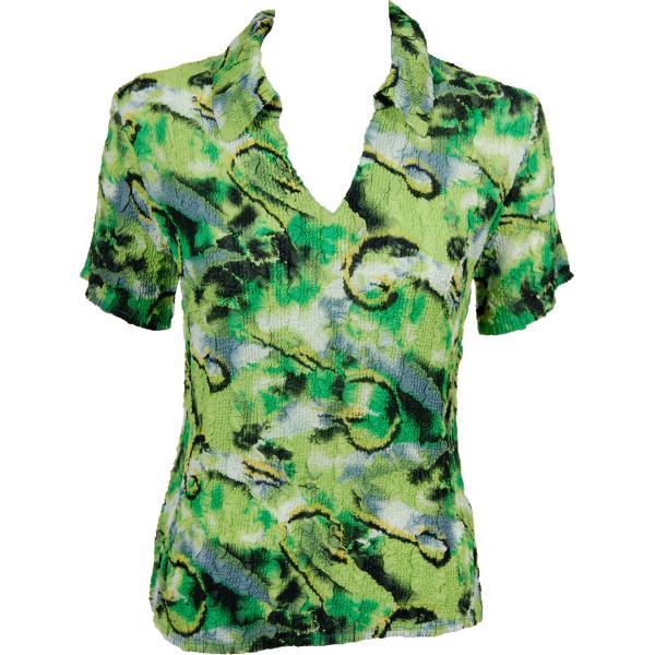 Wholesale 1404 - Magic Crush Georgette Short Sleeve Collared Abstract Watercolors Lime-Black - One Size Fits Most