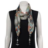 Scarves - Tropical Peacock with Hanging Pendants - Black-Brick Red