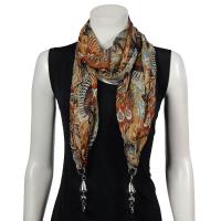 Scarves - Tropical Peacock with Hanging Pendants - Beige-Orange