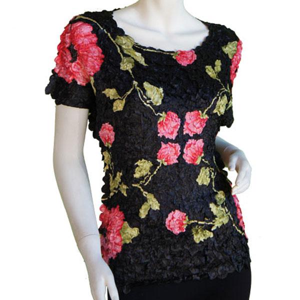 Wholesale 1441 - Satin Petal Shirts - Cap & Sleeveless Black with Roses - One Size Fits Most