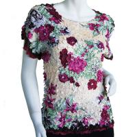 Satin Origami Petal Shirts - Cap Sleeve - Ivory-Burgundy Floral