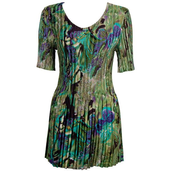 Wholesale Satin Mini Pleats - Half Sleeve Tunic Butterfly Floral Green-Purple - One Size Fits Most