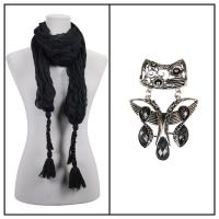 Scarves - Crinkled Woven w/ Tassel w/ Pendant - Black w/ Pendant #007