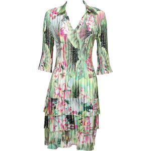 1519 - Satin Mini Pleat 3/4  Sleeve Dress Collar Lime-Coral Floral Satin Mini Pleat - Three Quarter w/ Collar Dress - 