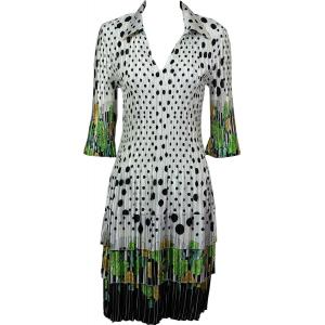 1519 - Satin Mini Pleat 3/4  Sleeve Dress Collar Polka Dot Garden - Green Satin Mini Pleat - Three Quarter w/ Collar Dress - 