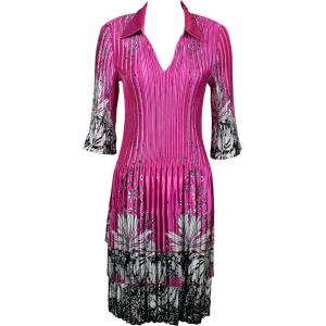 1519 - Satin Mini Pleat 3/4  Sleeve Dress Collar Flowers and Dots 2 Pink-White Satin Mini Pleat - Three Quarter w/ Collar Dress - 