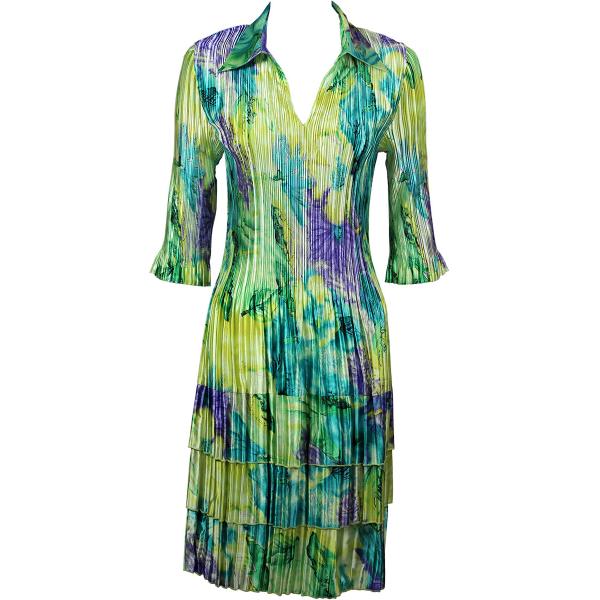 Wholesale 1554 - Satin Mini Pleat 3/4 Sleeve Dresses Blue-Purple-Yellow Watercolors Satin Mini Pleat - Three Quarter w/ Collar Dress - 