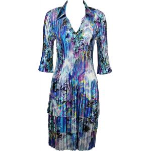 1519 - Satin Mini Pleat 3/4  Sleeve Dress Collar Paint Splatter Aqua-Purple Satin Mini Pleat - Three Quarter w/ Collar Dress - 