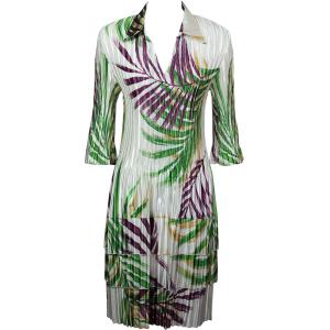 1519 - Satin Mini Pleat 3/4  Sleeve Dress Collar Palm Leaf Green-Purple Satin Mini Pleat - Three Quarter w/ Collar Dress - 