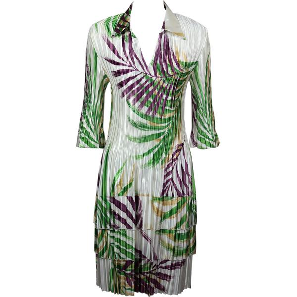 Wholesale 1210 - Satin Mini Pleat 3/4 Sleeve V-Neck Palm Leaf Green-Purple Satin Mini Pleat - Three Quarter w/ Collar Dress - 
