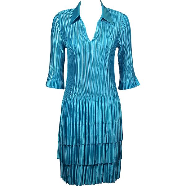Wholesale 745 - Skirts - Satin Mini Pleat Tiered Solid Aqua Satin Mini Pleat - Three Quarter w/ Collar Dress - 