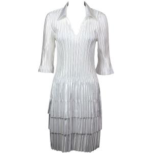 1519 - Satin Mini Pleat 3/4  Sleeve Dress Collar Solid White Satin Mini Pleat - Three Quarter w/ Collar Dress - 