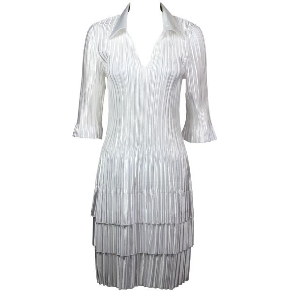Wholesale 1519 - Satin Mini Pleat 3/4  Sleeve Dress Collar Solid White Satin Mini Pleat - Three Quarter w/ Collar Dress - 