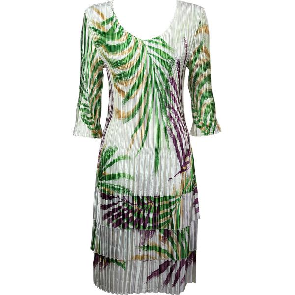Wholesale 1210 - Satin Mini Pleat 3/4 Sleeve V-Neck Palm Leaf Green-Purple Satin Mini Pleats - Three Quarter Sleeve Dress - One Size Fits Most
