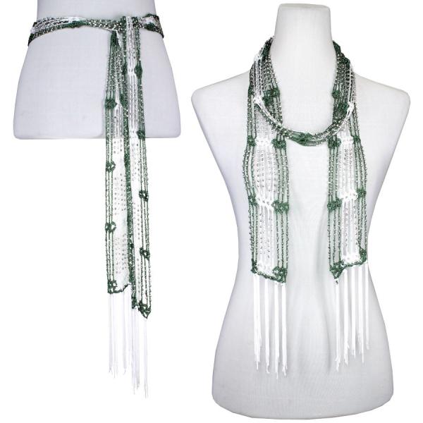 Wholesale 1755 - Shanghai Beaded Scarves/Sash Forest Green-White w/ Silver Beads - 