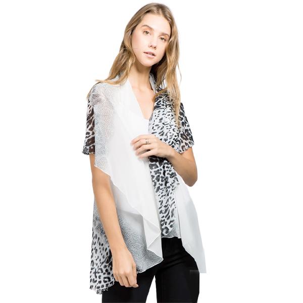 Wholesale 1789  - Chiffon Scarf Vest/Cape (Style 1) #0009 Cheetah - White w/ Glitter - One Size