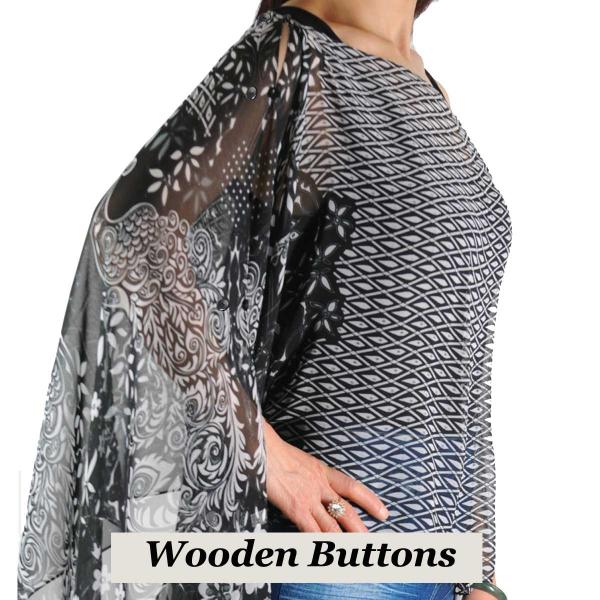 Wholesale 1799 - Silky Six Button Poncho/Cape 506BW Wooden Buttons<br>Black-White Peacock Abstract MB*** - 