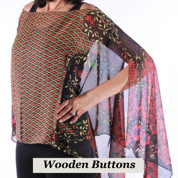 Wholesale 1799 - Silky Six Button Poncho/Cape 506BRD - Wooden Buttons<br>Black-Red (Peacock Abstract) - 