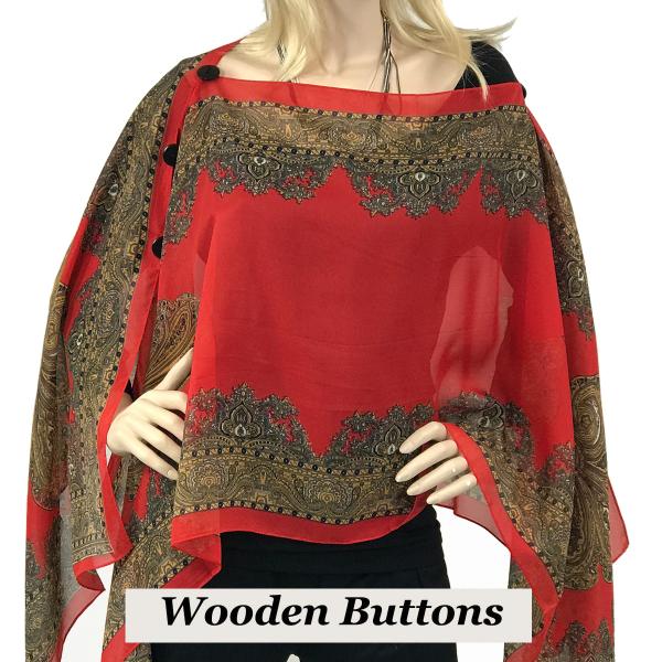 Wholesale 1799 - Silky Six Button Poncho/Cape 107RD - Wooden Buttons<br> Red (Paisley Border) - 