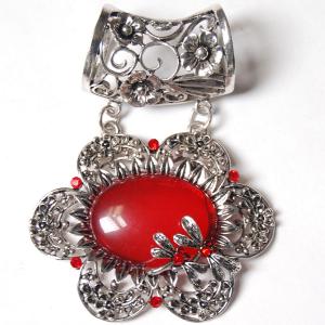 1905 - Scarf Pendants #S490 Silver Flower w/ Red Stones - 