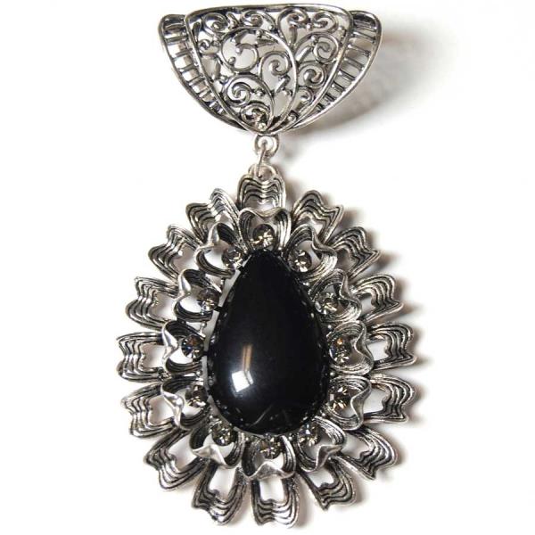 Wholesale 1905 - Scarf Pendants #S500 Silver Abstract Oval w/ Black Stone - 