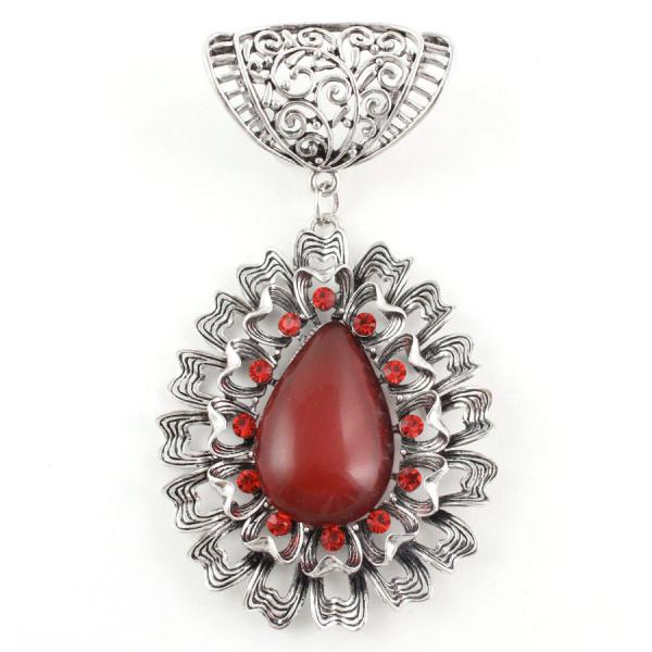 Wholesale 1905 - Scarf Pendants #S582 Silver Abstract Oval w/ Red Stones - 