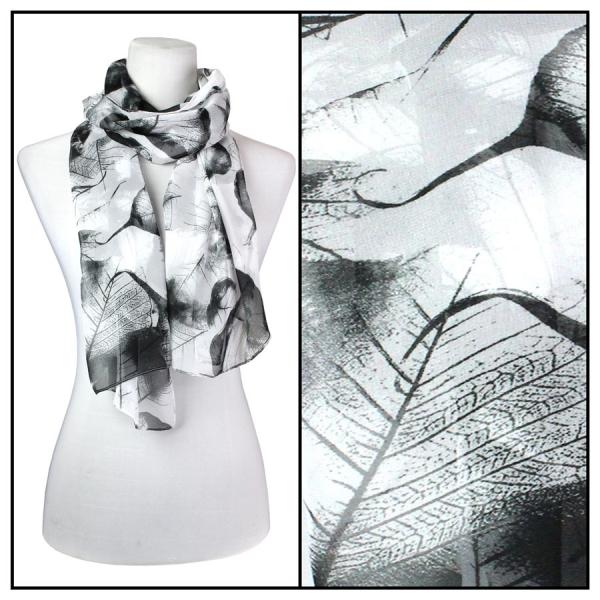 Wholesale Silky Dress Scarves - 1909 LE03 Leaves Black - 