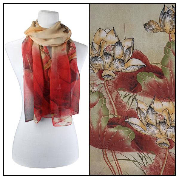 Wholesale Silky Dress Scarves - 1909 Lo04 Lotus Red-Gold - 