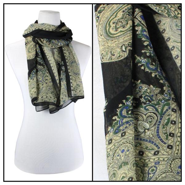 Wholesale Silky Dress Scarves - 1909 PB01 Paisley Border Black - 