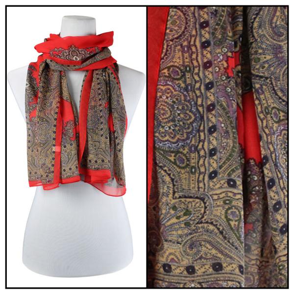 Wholesale Silky Dress Scarves - 1909 PB07 Paisley Border Red - 