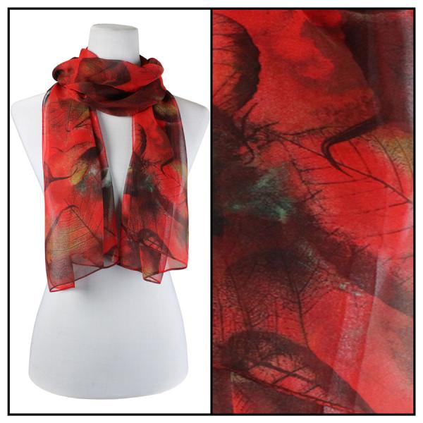 Wholesale Silky Dress Scarves - 1909 LE09 Leaves Red - 