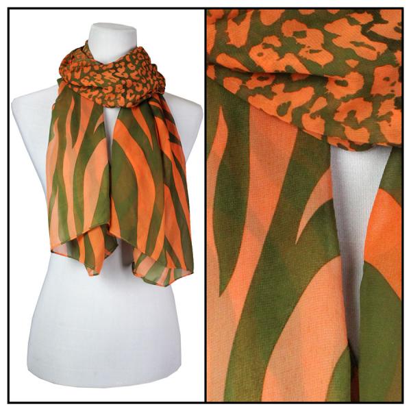 Wholesale Silky Dress Scarves - 1909 ZC03 Zebra-Cheetah Olive-Orange - 