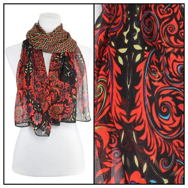Wholesale Silky Dress Scarves - 1909 PEAB01 Peacock Abstract Black-Red - 
