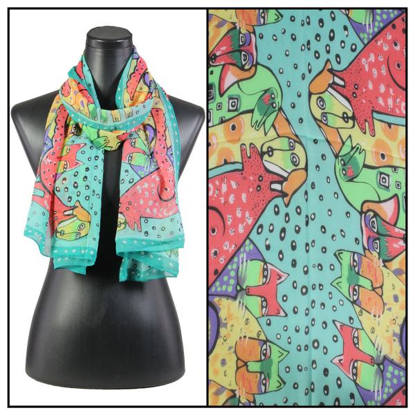 Wholesale Silky Dress Scarves - 1909 CD01 Cats & Dogs Teal - 