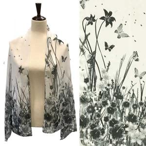 Wholesale Silky Dress Scarves - 1909 A005 - Black/Ivory Flowers and Butterflies - 