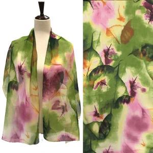 Silky Dress Scarves - 1909 A006 - Green/Pink Leaves Design - 