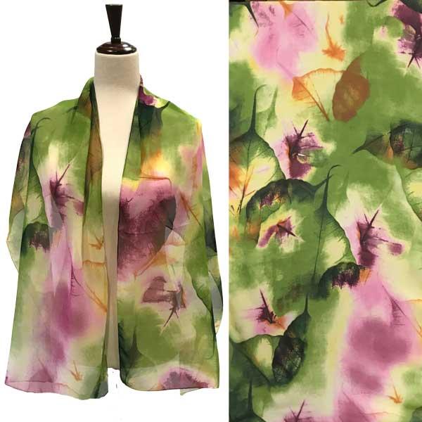 Wholesale Silky Dress Scarves - 1909 A006 - Green/Pink Leaves Design - 