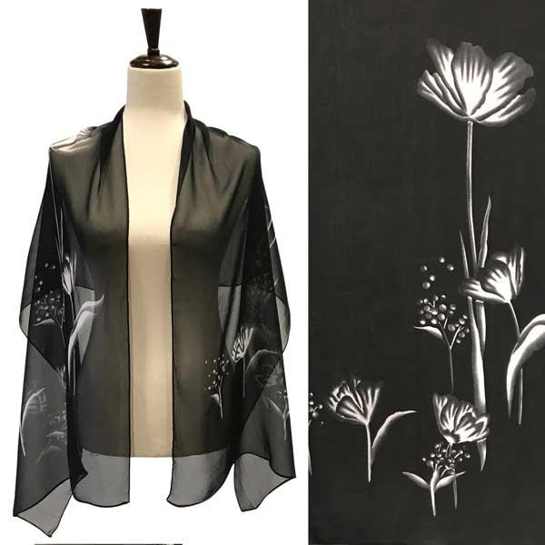 Wholesale Silky Dress Scarves - 1909 A008 - Black/White Floral on Black - 